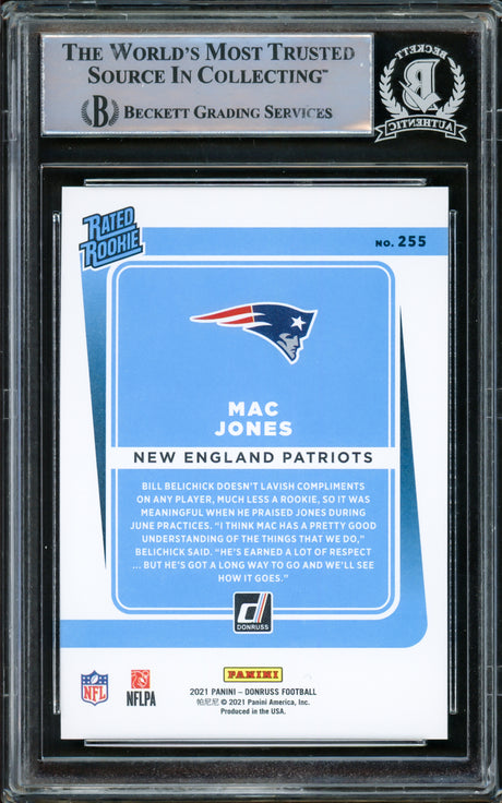 Mac Jones Autographed 2021 Donruss Gold Press Proof Rookie Card #255 New England Patriots Beckett BAS Stock #220336