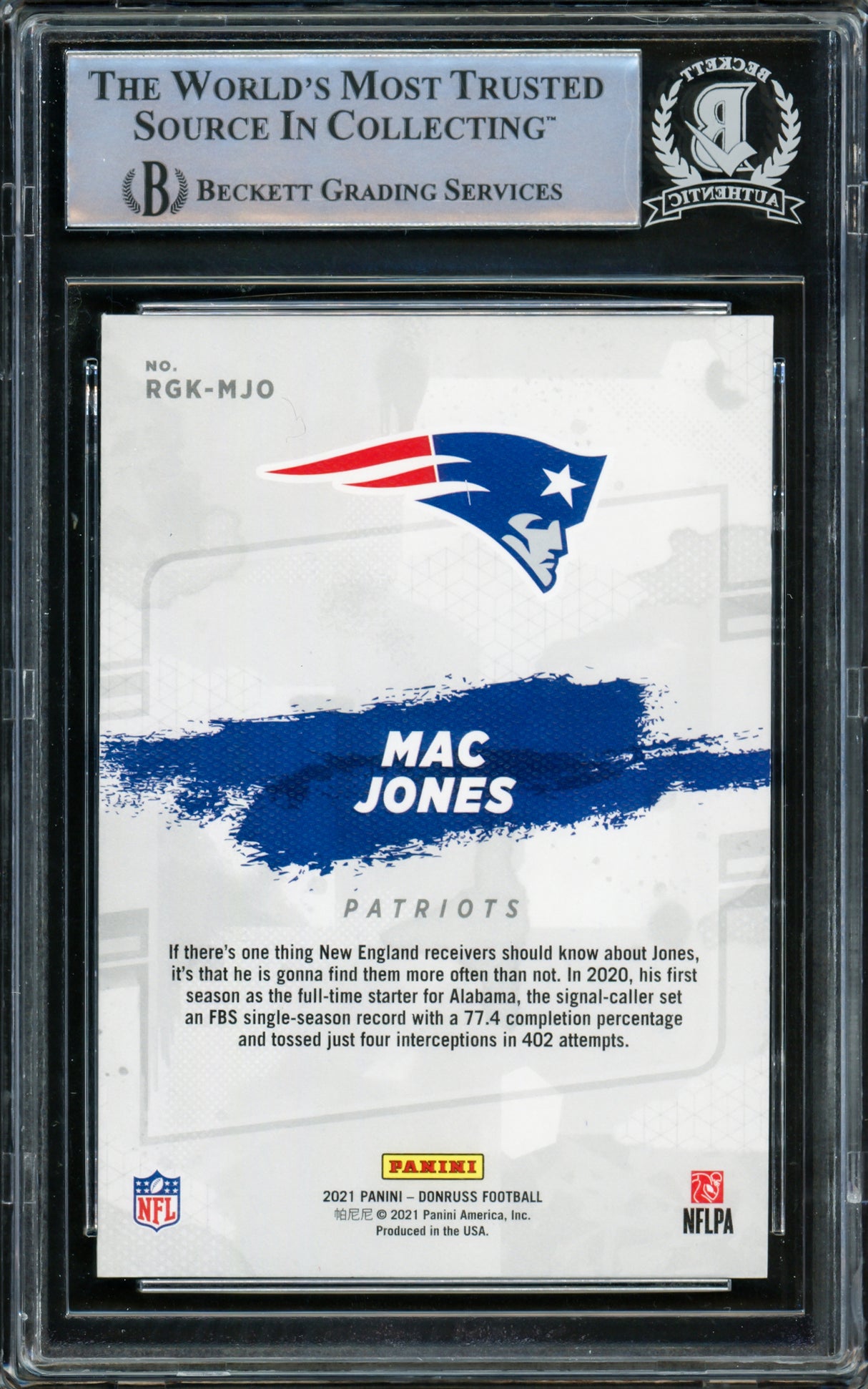 Mac Jones Autographed 2021 Donruss Gridiron Kings Rookie Card #RGK-MJO New England Patriots Beckett BAS Stock #220335