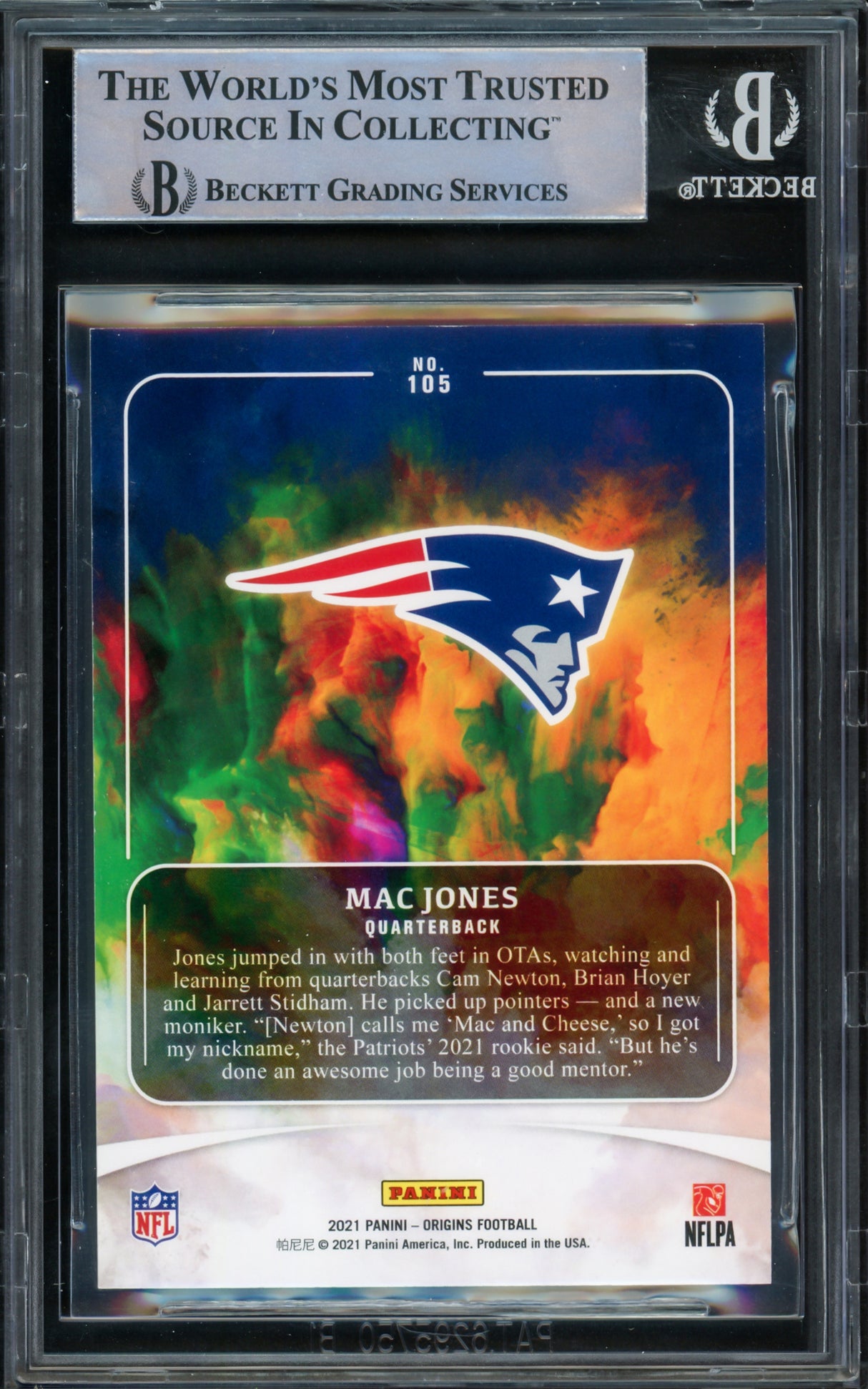 Mac Jones Autographed 2021 Panini Origins Rookie Card #105 New England Patriots Beckett BAS Stock #220338