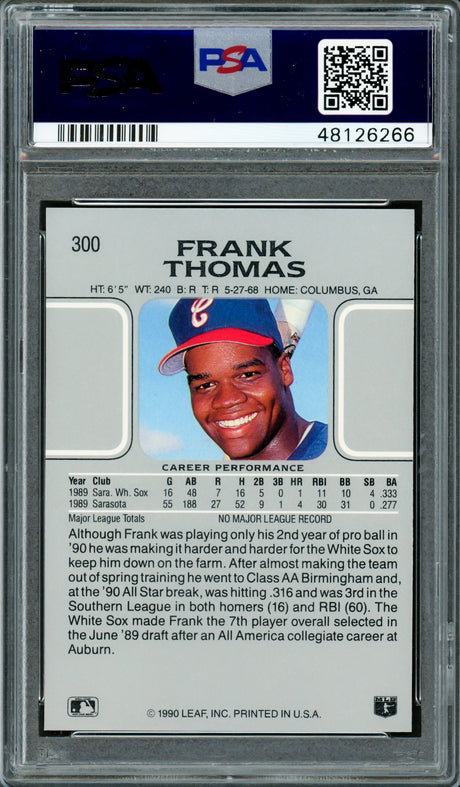 Frank Thomas Autographed 1990 Leaf Rookie Card #300 Chicago White Sox PSA 8 Auto Grade Mint 9 PSA/DNA Stock #220345