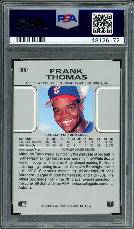 Frank Thomas Autographed 1990 Leaf Rookie Card #300 Chicago White Sox PSA 9 Auto Grade Gem Mint 10 PSA/DNA Stock #220346