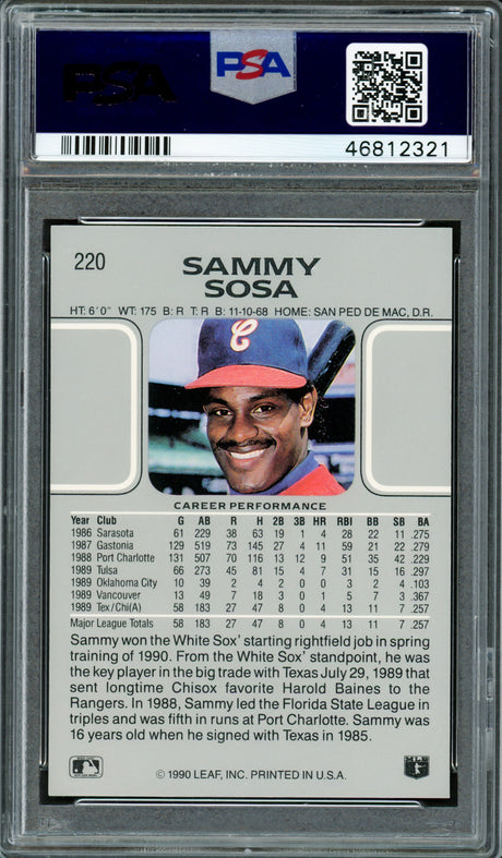 Sammy Sosa Autographed 1990 Leaf Rookie Card #220 Chicago White Sox PSA 9 Auto Grade Gem Mint 10 PSA/DNA Stock #220347