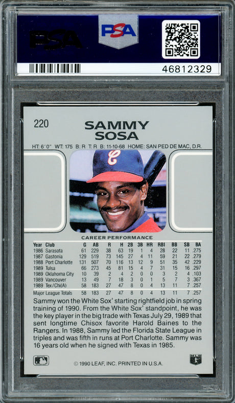 Sammy Sosa Autographed 1990 Leaf Rookie Card #220 Chicago White Sox PSA 9 Auto Grade Mint 9 PSA/DNA Stock #220349