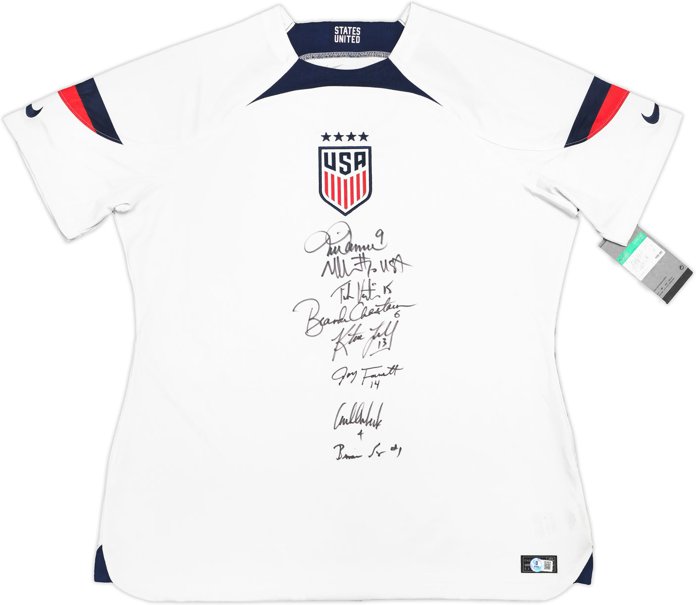 1999 Team USA Women's Soccer World Cup Champions Team Autographed White Nike Jersey Size XL With 8 Total Signatures Including Mia Hamm & Brandi Chastain Beckett BAS Witness Stock #233781