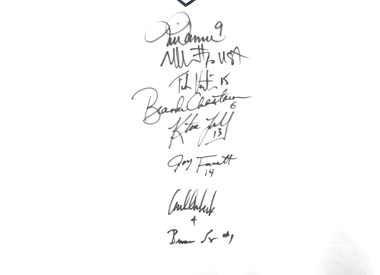 1999 Team USA Women's Soccer World Cup Champions Team Autographed White Nike Jersey Size XL With 8 Total Signatures Including Mia Hamm & Brandi Chastain Beckett BAS Witness Stock #233781