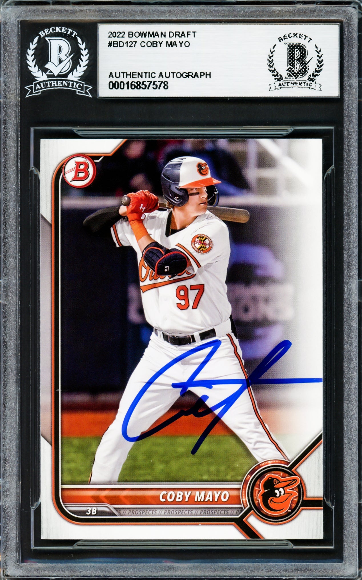 Coby Mayo Autographed 2022 Bowman Draft Rookie Card #BD127 Baltimore Orioles Beckett BAS Stock #234020