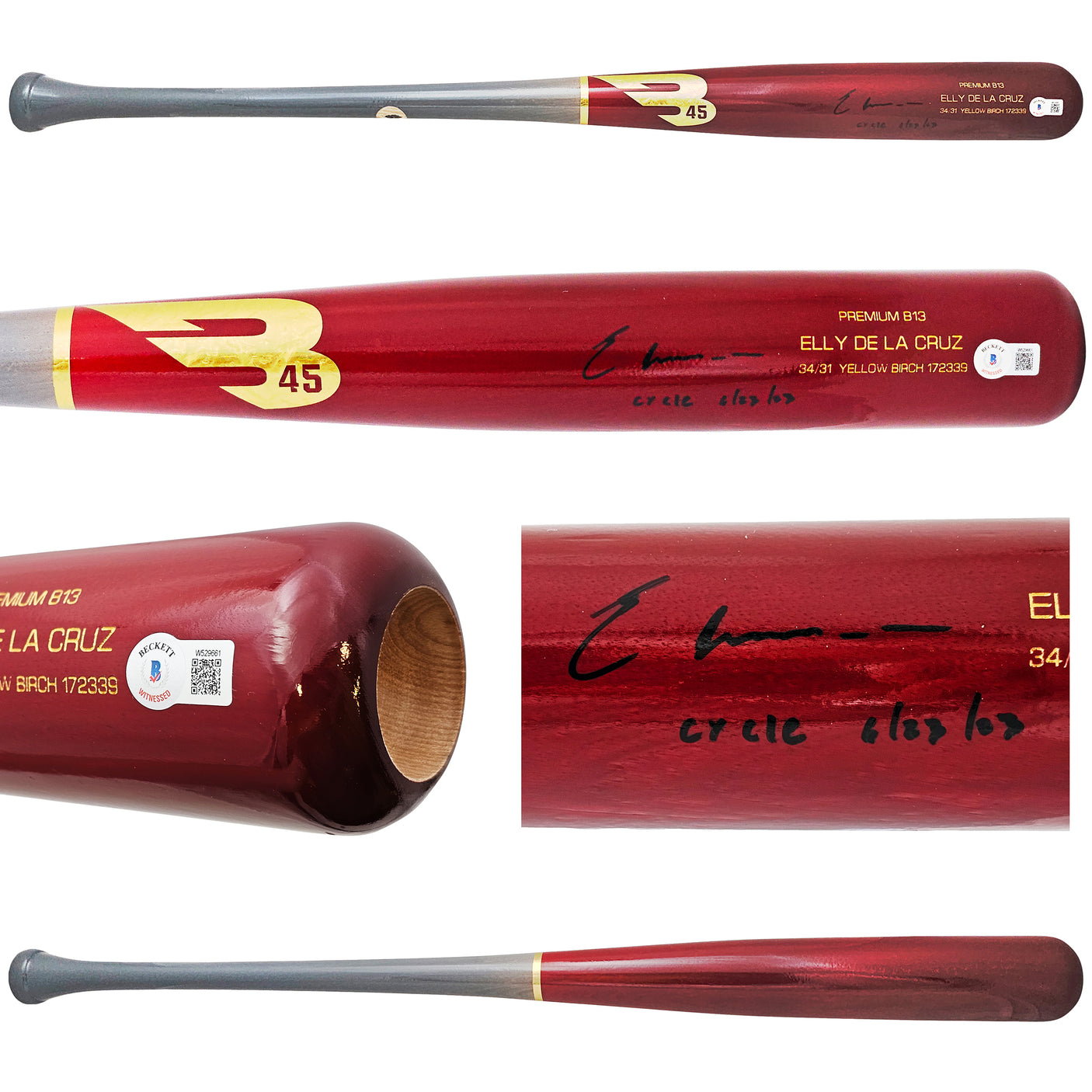Elly De La Cruz Autographed Red B45 Player Model Bat Cincinnati Reds "Cycle 6/23/23" Beckett BAS Witness Stock #220218
