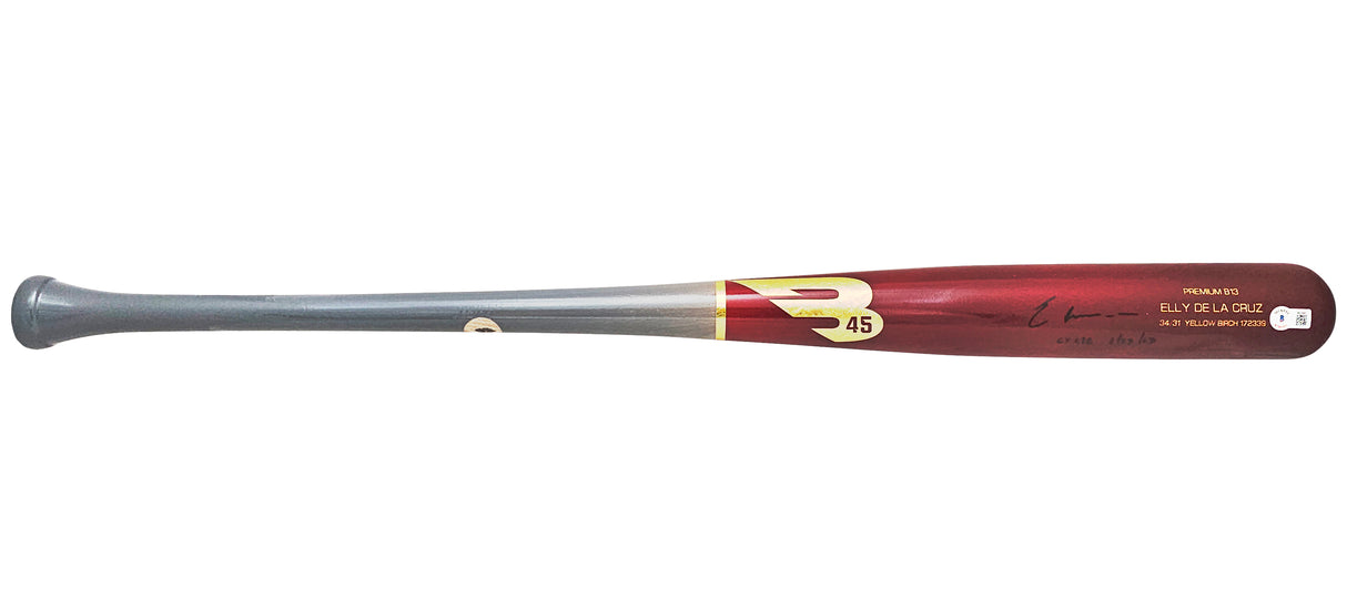 Elly De La Cruz Autographed Red B45 Player Model Bat Cincinnati Reds "Cycle 6/23/23" Beckett BAS Witness Stock #220218