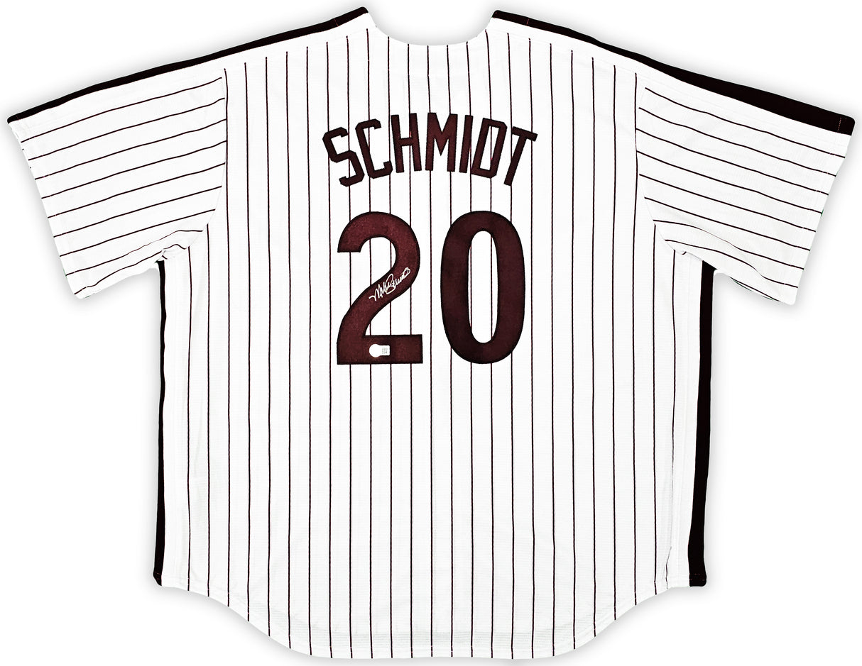 Philadelphia Phillies Mike Schmidt Autographed White & Red Nike Cooperstown Collection Jersey Size XXL Beckett BAS QR Stock #219043