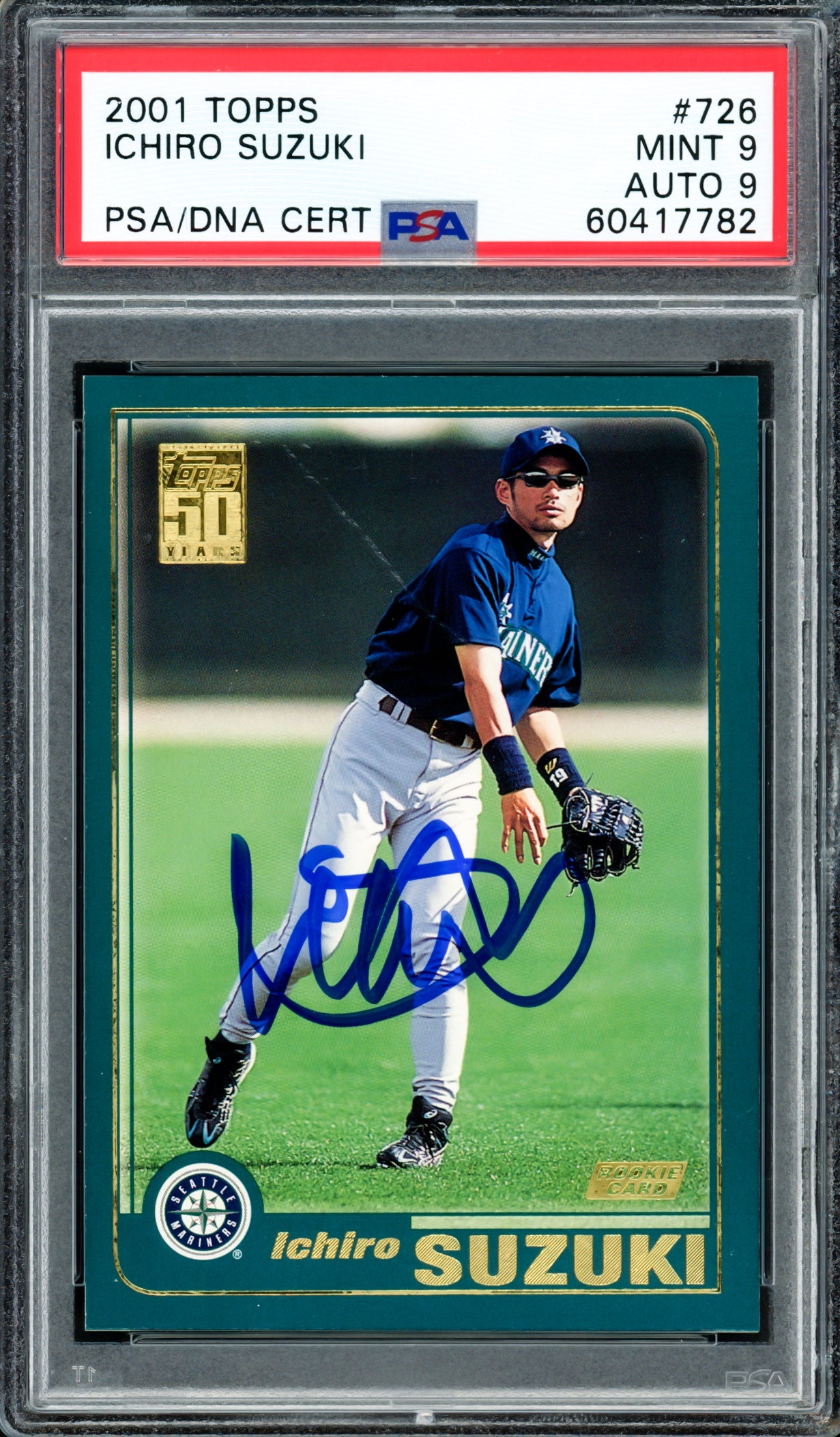 Ichiro Suzuki Autographed 2001 Topps Rookie Card #726 Seattle Mariners PSA 9 Auto Grade Mint 9 PSA/DNA #60417782