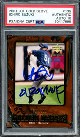 Ichiro Suzuki Autographed 2001 UD Gold Glove Rookie Card #135 Seattle Mariners Auto Grade Gem Mint 10 "01 ROY/MVP" #354/500 PSA/DNA #60417695