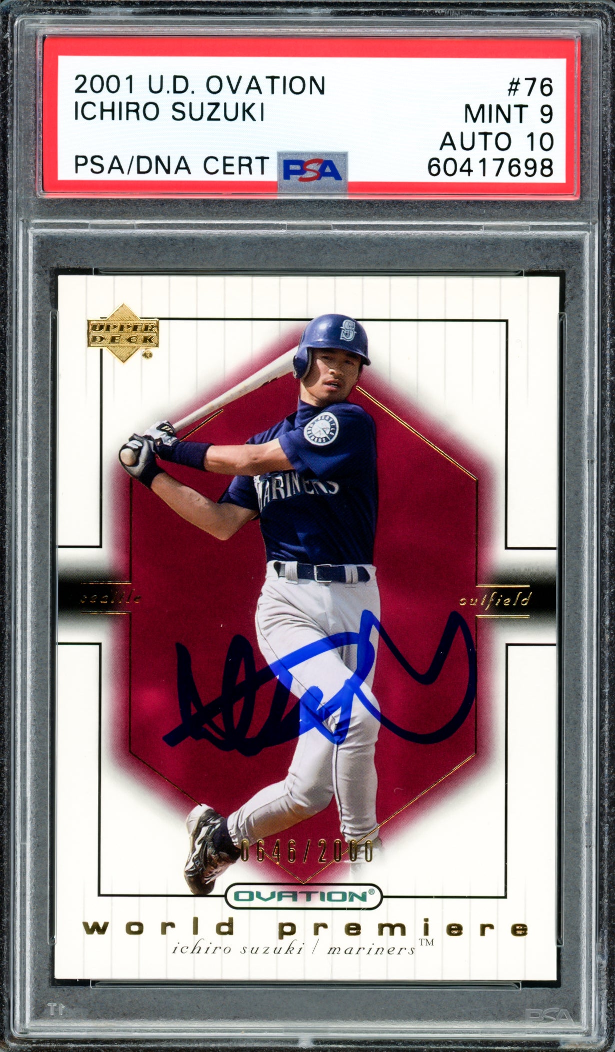 Ichiro Suzuki Autographed 2001 UD Ovation Rookie Card #76 Seattle Mariners PSA 9 Auto Grade Gem Mint 10 PSA/DNA #60417698