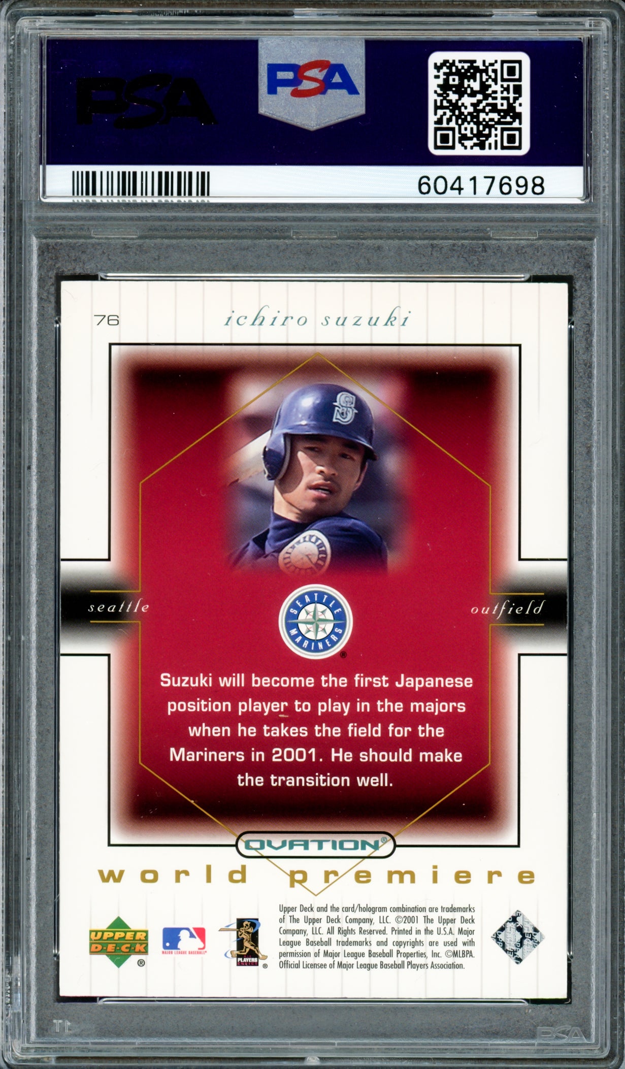 Ichiro Suzuki Autographed 2001 UD Ovation Rookie Card #76 Seattle Mariners PSA 9 Auto Grade Gem Mint 10 PSA/DNA #60417698