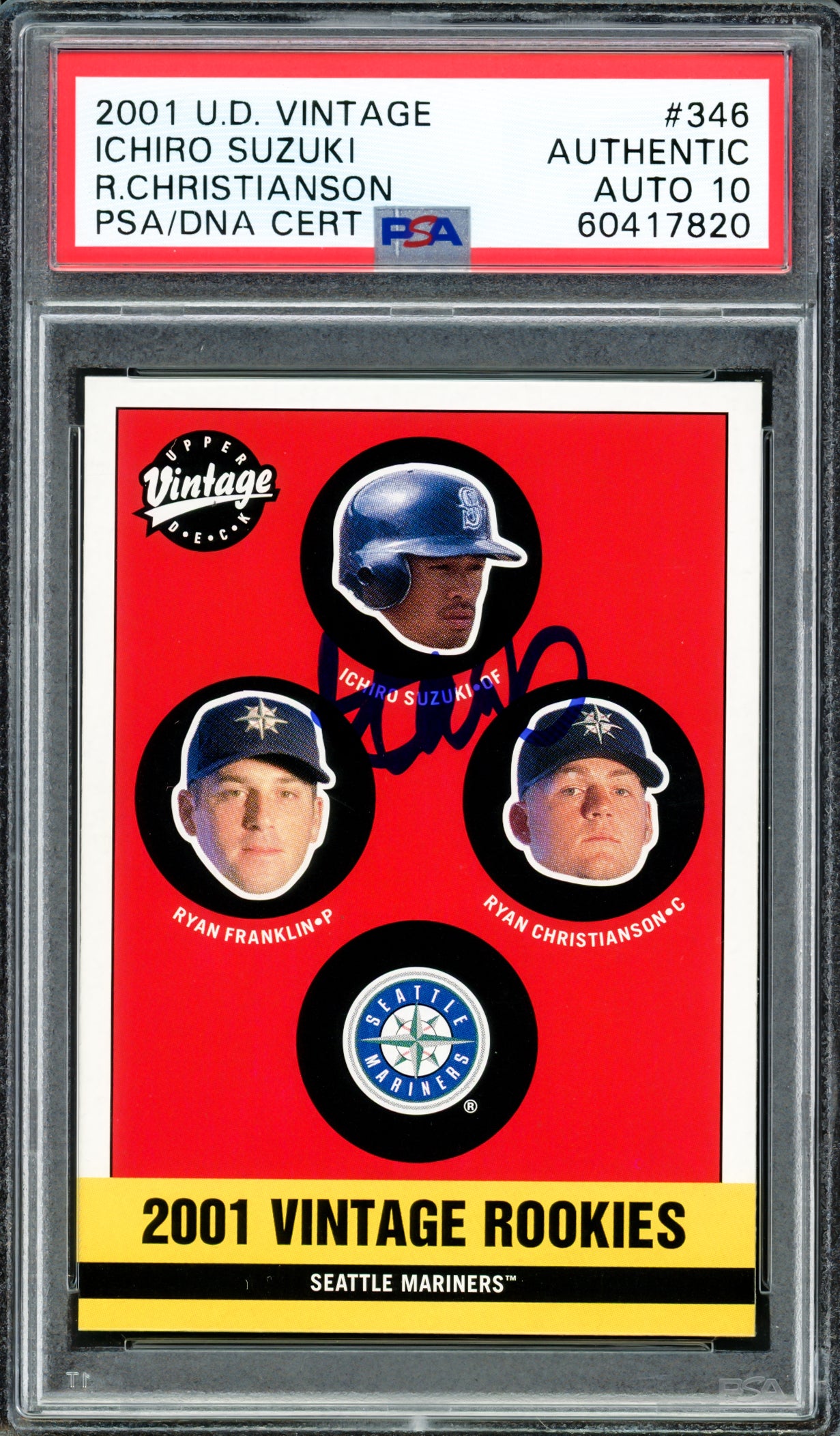 Ichiro Suzuki Autographed 2001 UD Vintage Rookie Card #346 Seattle Mariners Auto Grade Gem Mint 10 PSA/DNA #60417820