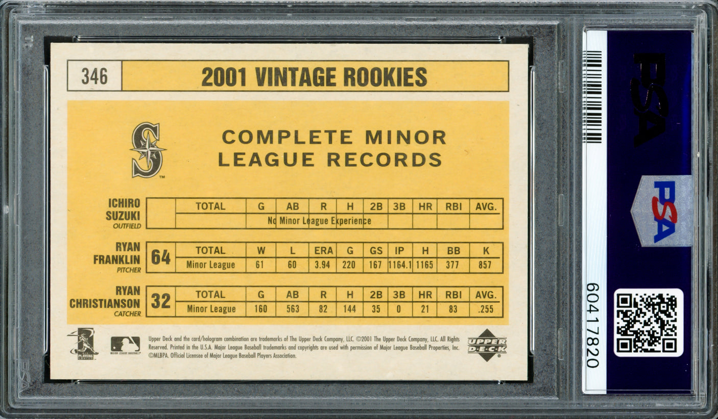 Ichiro Suzuki Autographed 2001 UD Vintage Rookie Card #346 Seattle Mariners Auto Grade Gem Mint 10 PSA/DNA #60417820