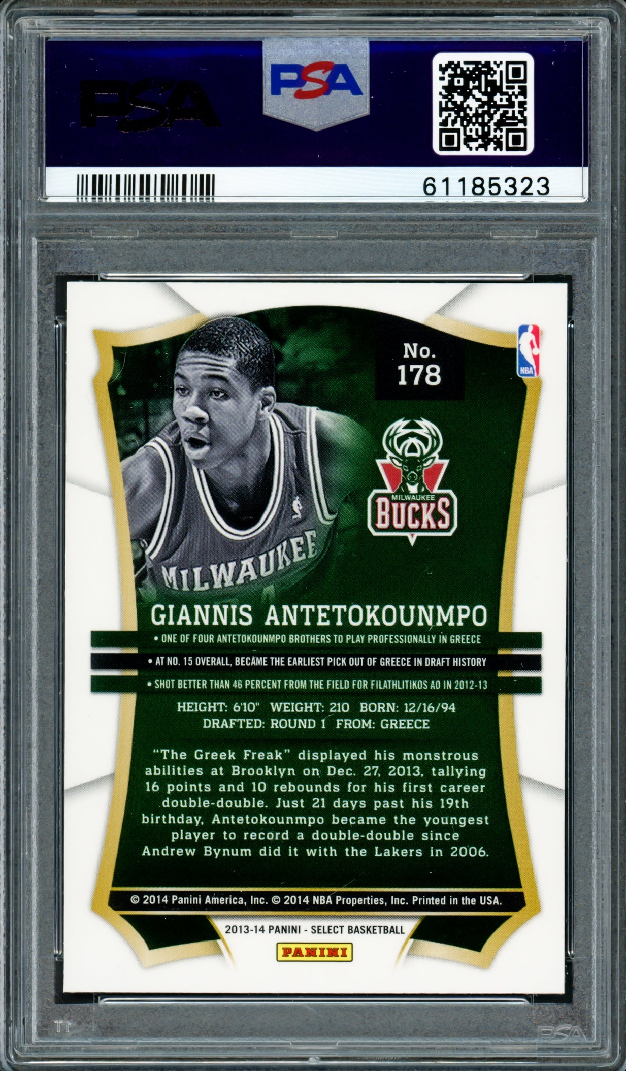 Giannis Antetokounmpo Autographed 2013 Panini Select Rookie Card #178 Milwaukee Bucks PSA 8 Auto Grade Gem Mint 10 "Greek Freak" PSA/DNA #61185323