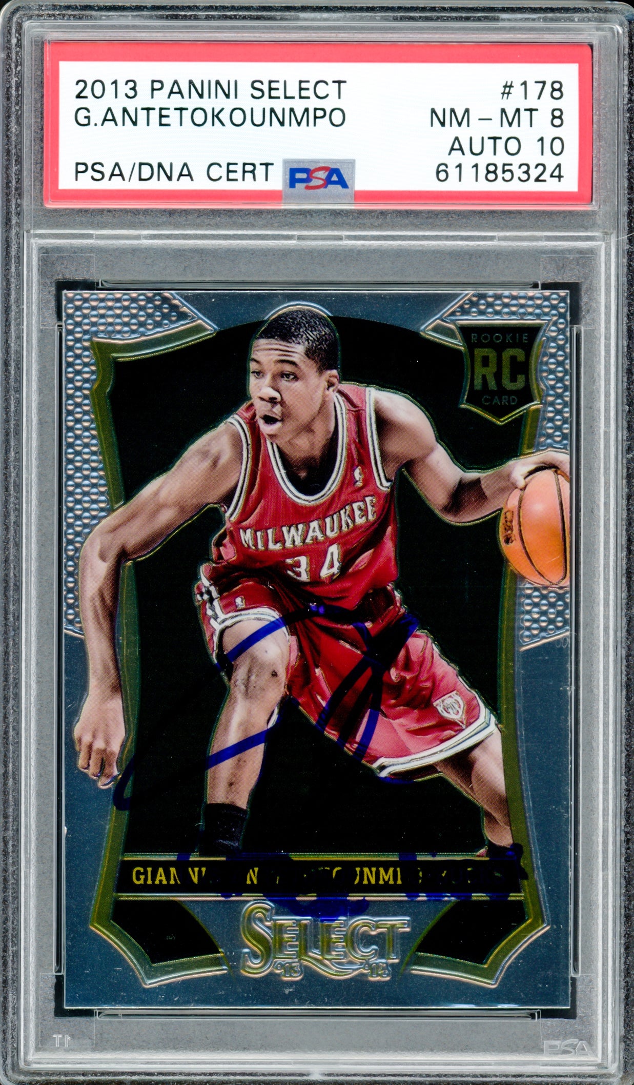 Giannis Antetokounmpo Autographed 2013 Panini Select Rookie Card #178 Milwaukee Bucks PSA 8 Auto Grade Gem Mint 10 "Greek Freak" PSA/DNA #61185324