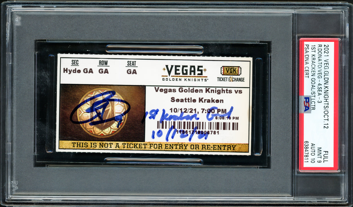 Ryan Donato Autographed Seattle Kraken Inaugural First Game Ticket PSA 9 Auto Grade Gem Mint 10 "1st Kraken Goal 10/12/21" Highest Graded PSA/DNA #63847811