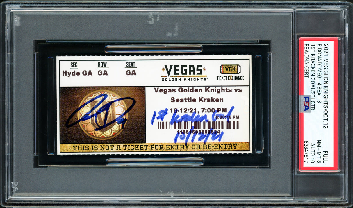 Ryan Donato Autographed Seattle Kraken Inaugural First Game Ticket PSA 8 Auto Grade Gem Mint 10 "1st Kraken Goal 10/12/21" PSA/DNA #63847817