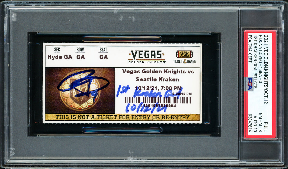Ryan Donato Autographed Seattle Kraken Inaugural First Game Ticket PSA 8 Auto Grade Gem Mint 10 "1st Kraken Goal 10/12/21" PSA/DNA #63847814
