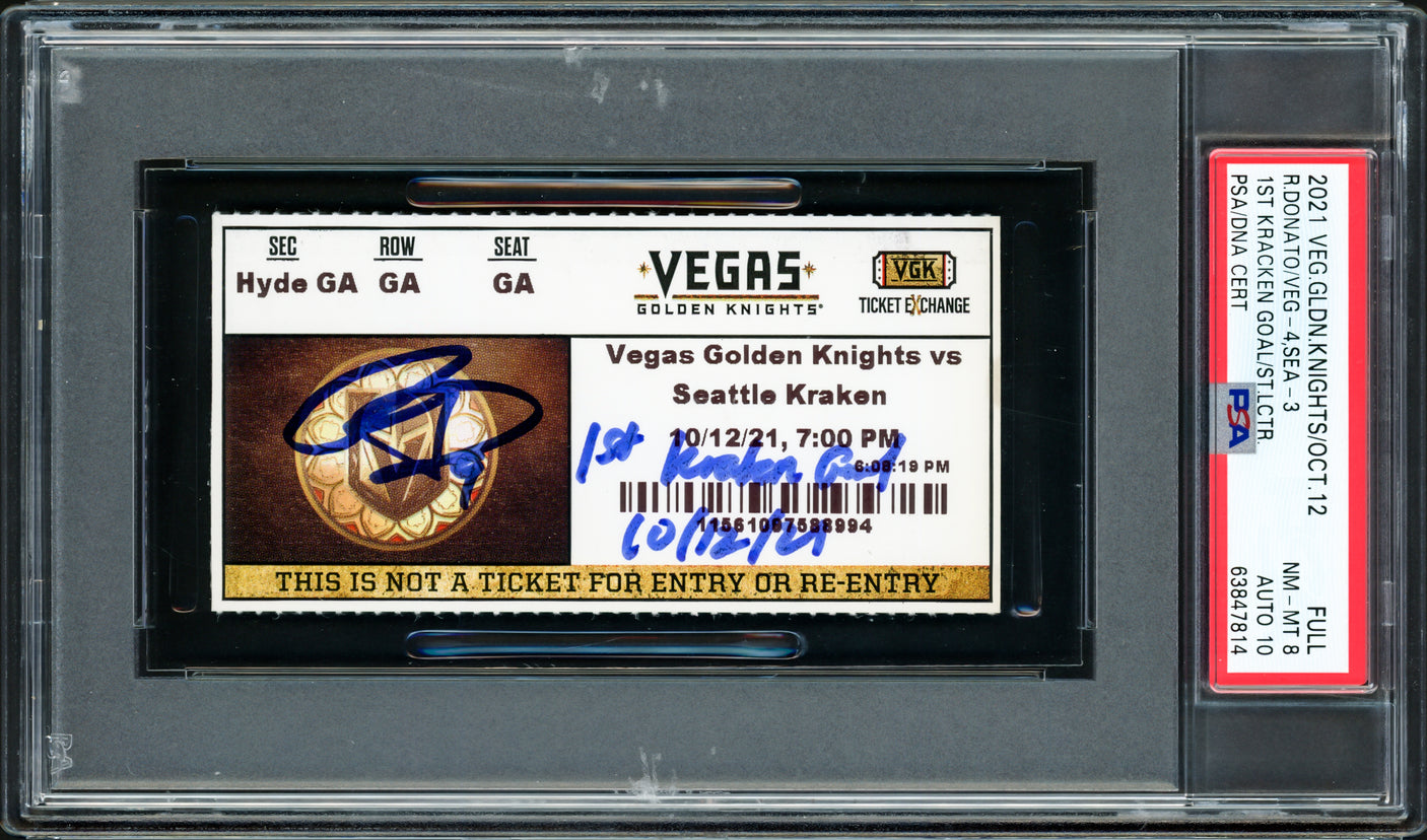 Ryan Donato Autographed Seattle Kraken Inaugural First Game Ticket PSA 8 Auto Grade Gem Mint 10 "1st Kraken Goal 10/12/21" PSA/DNA #63847814