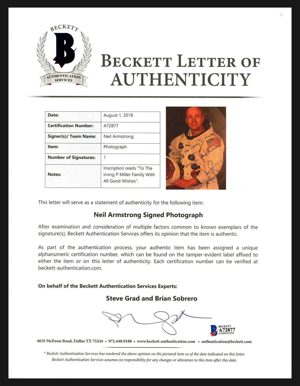 Neil Armstrong Autographed 8x10 Photo Apollo 11 "To The Irving Miller Family" Beckett BAS #A72877