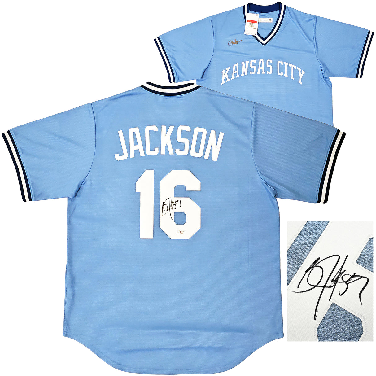 Kansas City Royals Bo Jackson Autographed Light Blue Nike Cooperstown Collection Jersey Size L Beckett BAS Witness Stock #218044