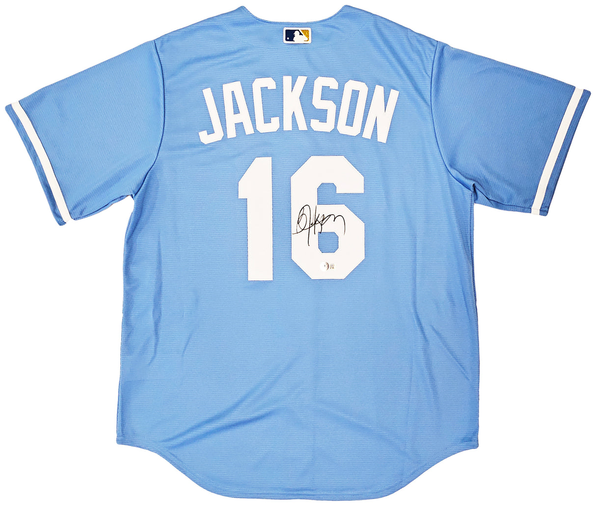 Kansas City Royals Bo Jackson Autographed Light Blue Nike Jersey Size L Beckett BAS Witness Stock #218046
