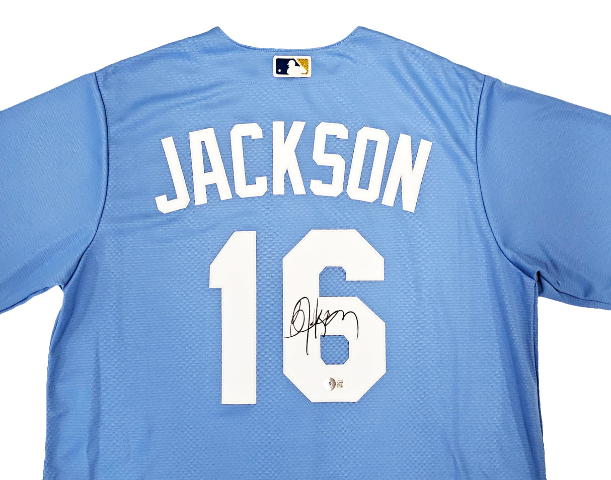 Kansas City Royals Bo Jackson Autographed Light Blue Nike Jersey Size L Beckett BAS Witness Stock #218046