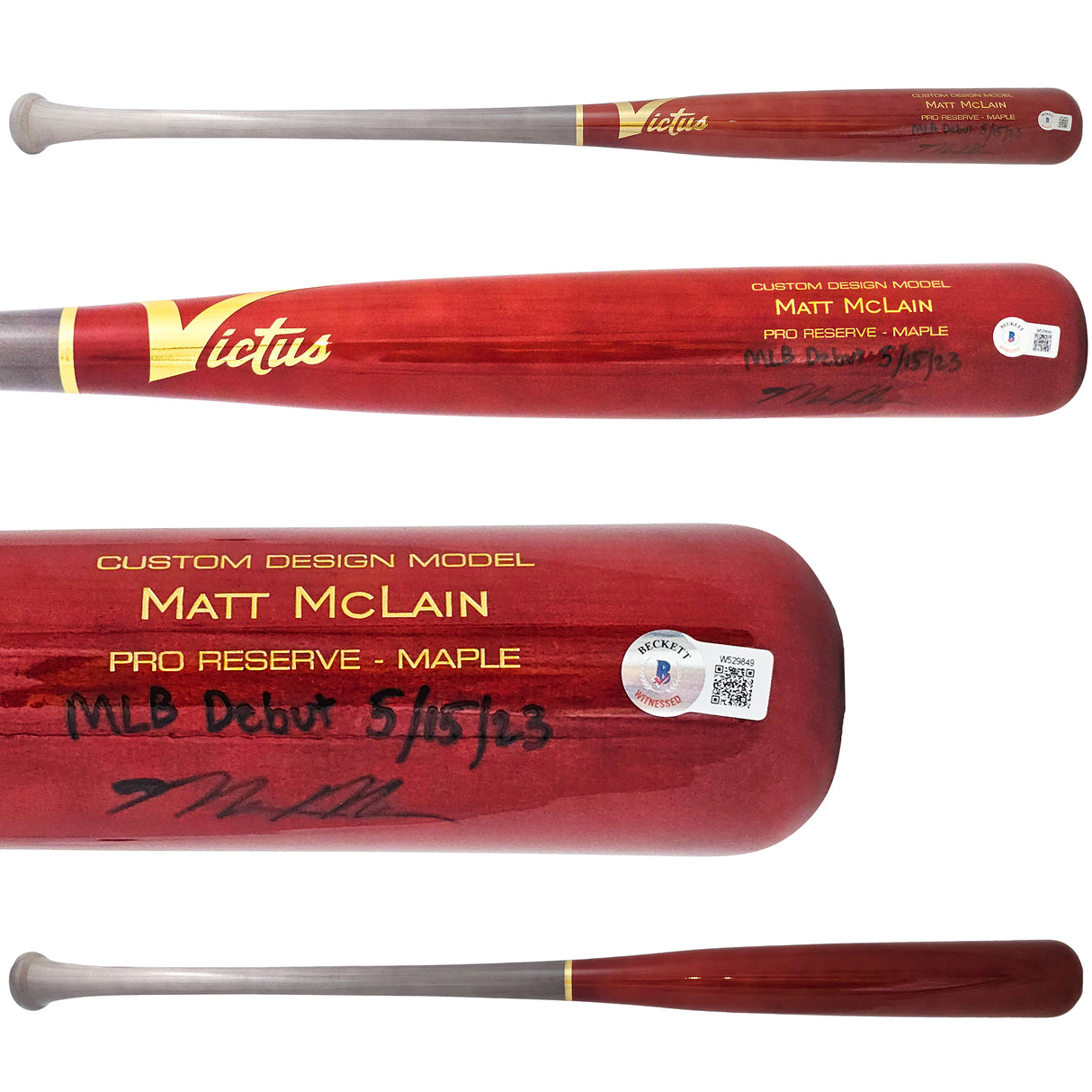 Matt McLain Autographed Red Victus Player Model Bat Cincinnati Reds "MLB Debut 5/15/23" Beckett BAS Witness Stock #220225