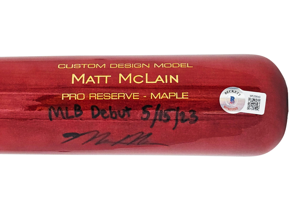 Matt McLain Autographed Red Victus Player Model Bat Cincinnati Reds "MLB Debut 5/15/23" Beckett BAS Witness Stock #220225