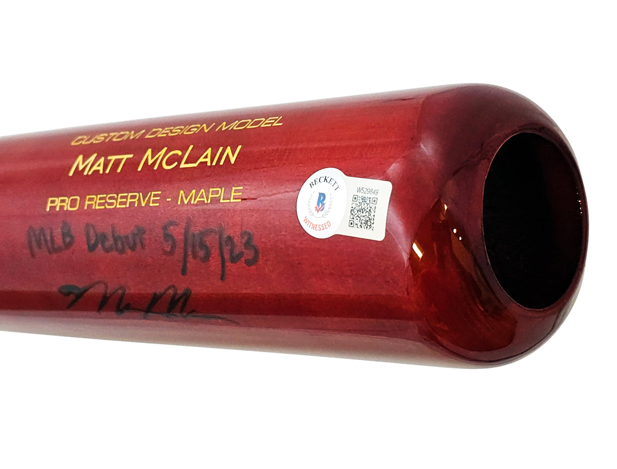 Matt McLain Autographed Red Victus Player Model Bat Cincinnati Reds "MLB Debut 5/15/23" Beckett BAS Witness Stock #220225