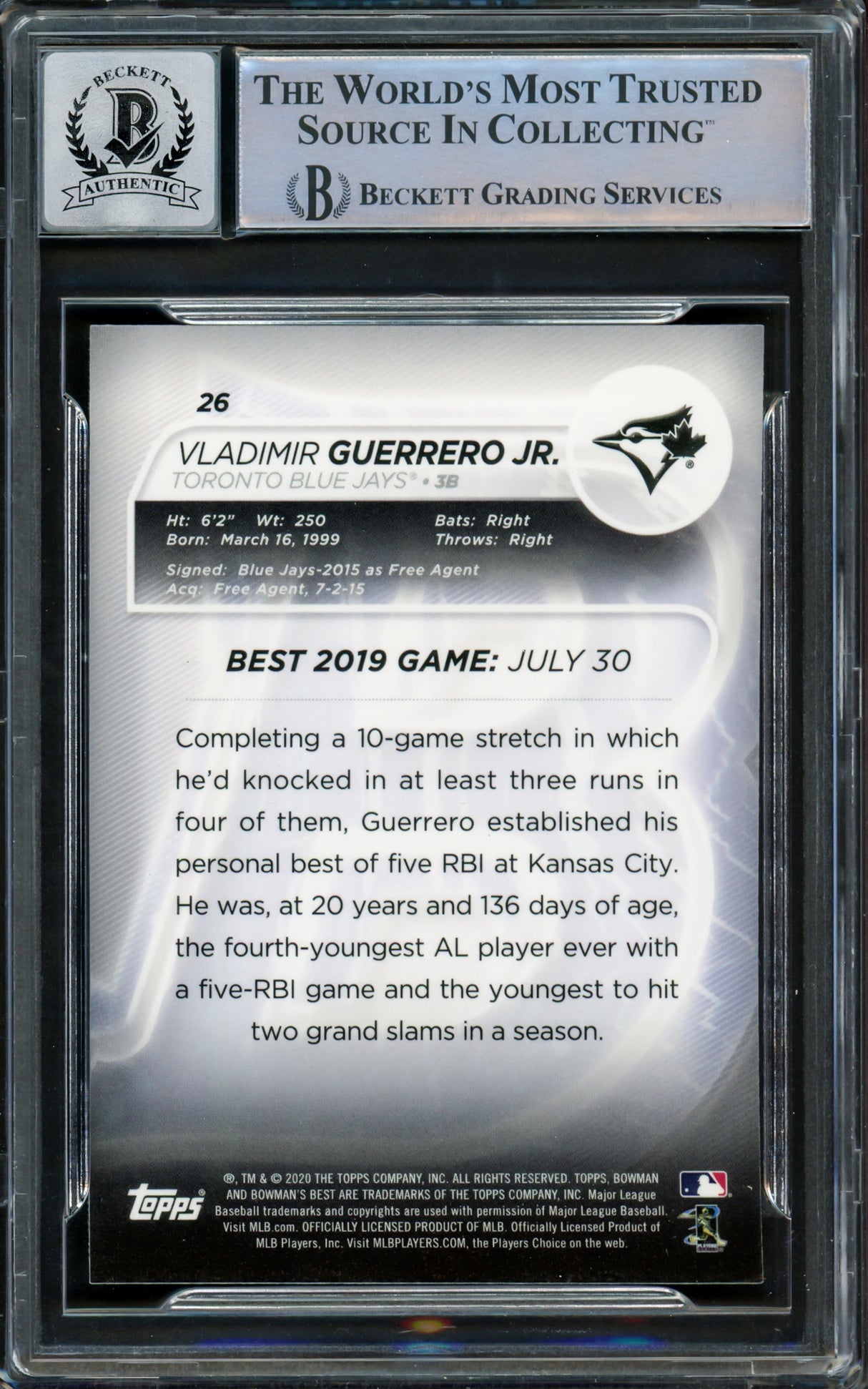 Vladimir Guerrero Jr. Autographed 2019 Bowman's Best Card #26 Toronto Blue Jays Auto Grade Gem Mint 10 Beckett BAS #15859525