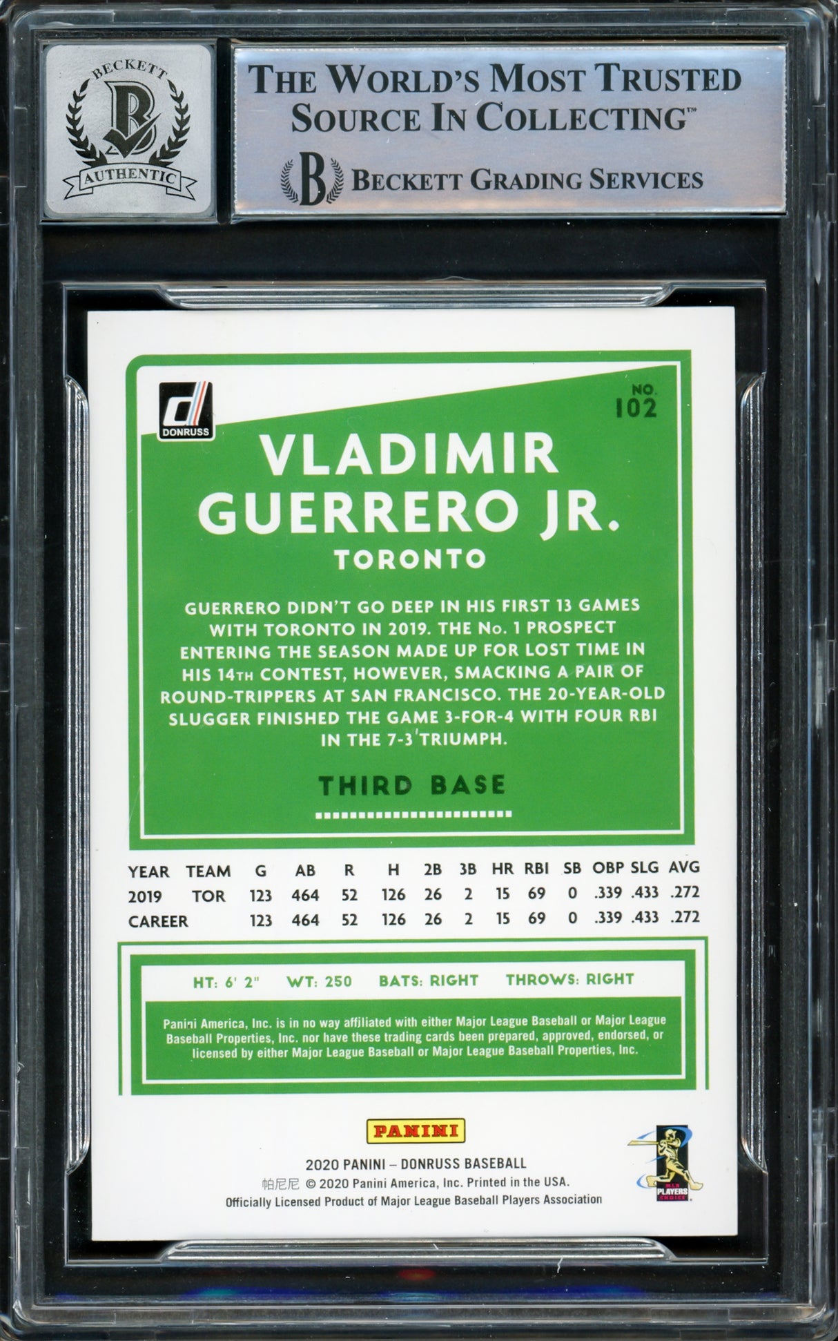 Vladimir Guerrero Jr. Autographed 2020 Donruss Card #102 Toronto Blue Jays Auto Grade Gem Mint 10 Hitting Beckett BAS #15859527