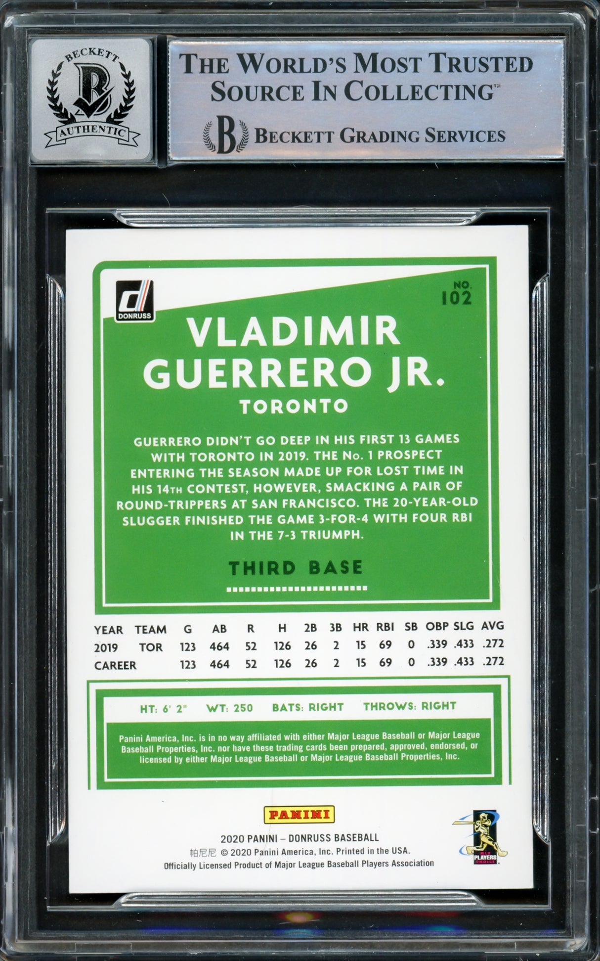 Vladimir Guerrero Jr. Autographed 2020 Donruss Card #102 Toronto Blue Jays Auto Grade Gem Mint 10 Hitting Beckett BAS #15859530