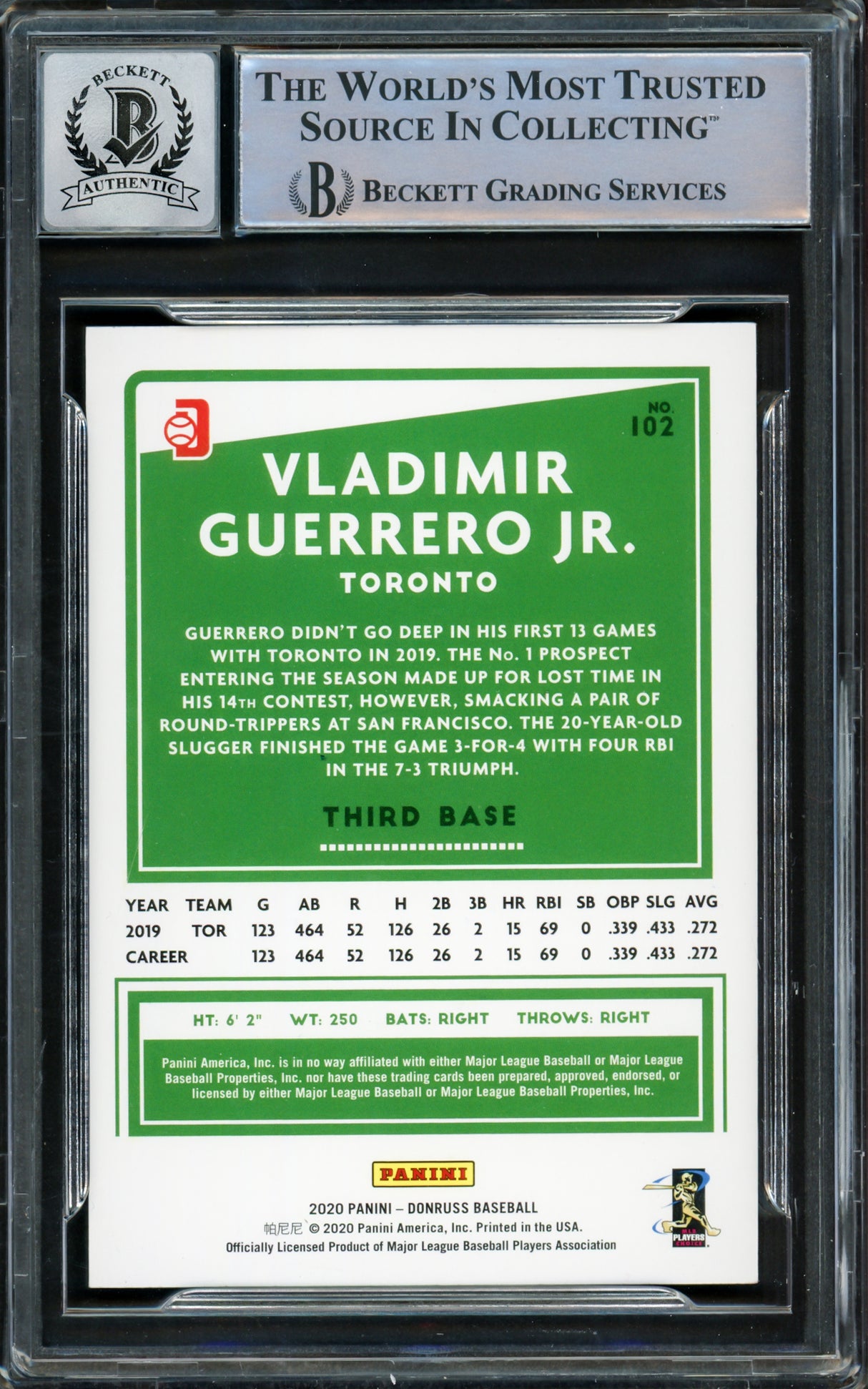 Vladimir Guerrero Jr. Autographed 2020 Donruss Variations Card #102 Toronto Blue Jays Auto Grade Gem Mint 10 Fielding Beckett BAS #15859531