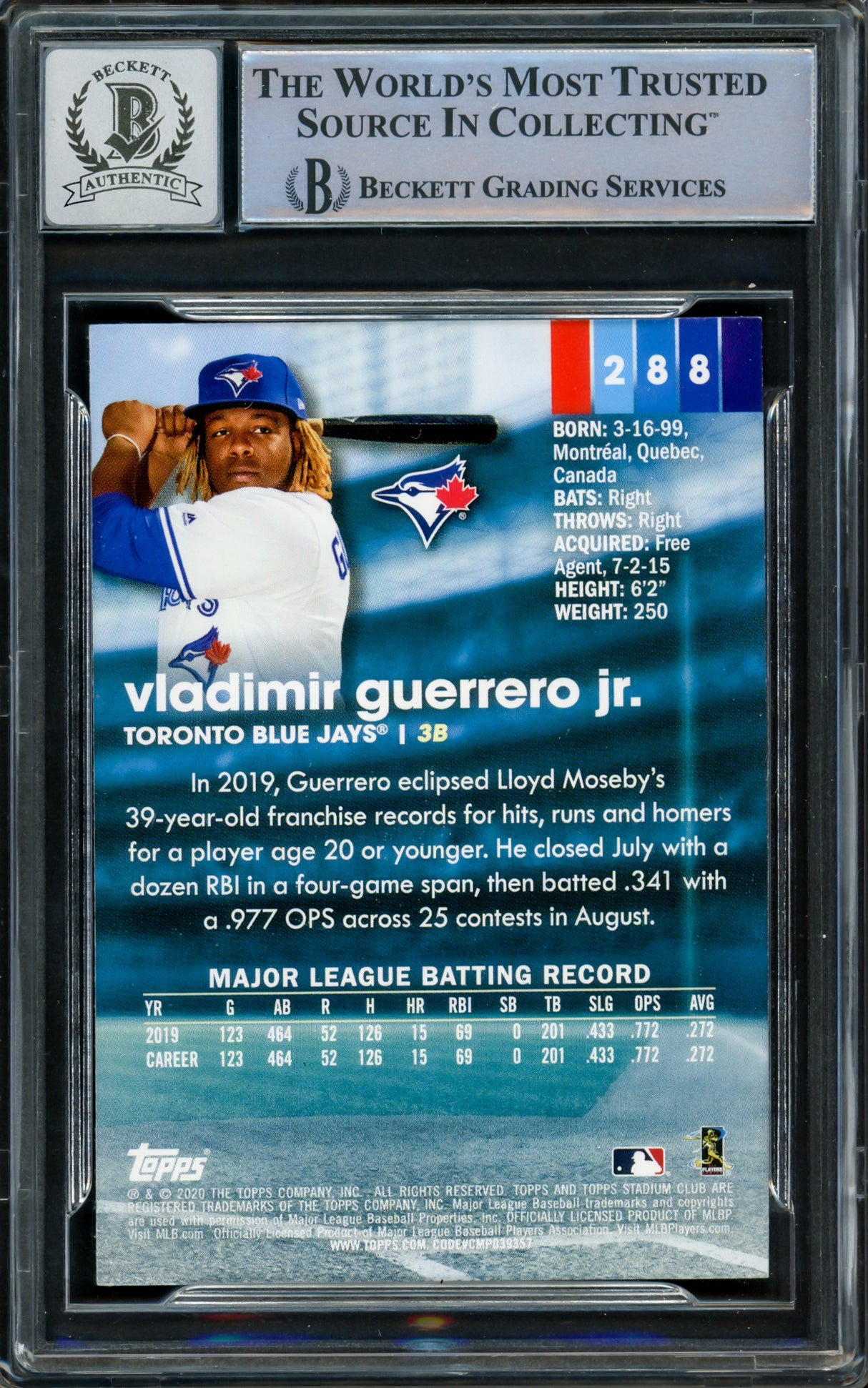 Vladimir Guerrero Jr. Autographed 2020 Stadium Club Card #288 Toronto Blue Jays Auto Grade Gem Mint 10 Beckett BAS #15859536