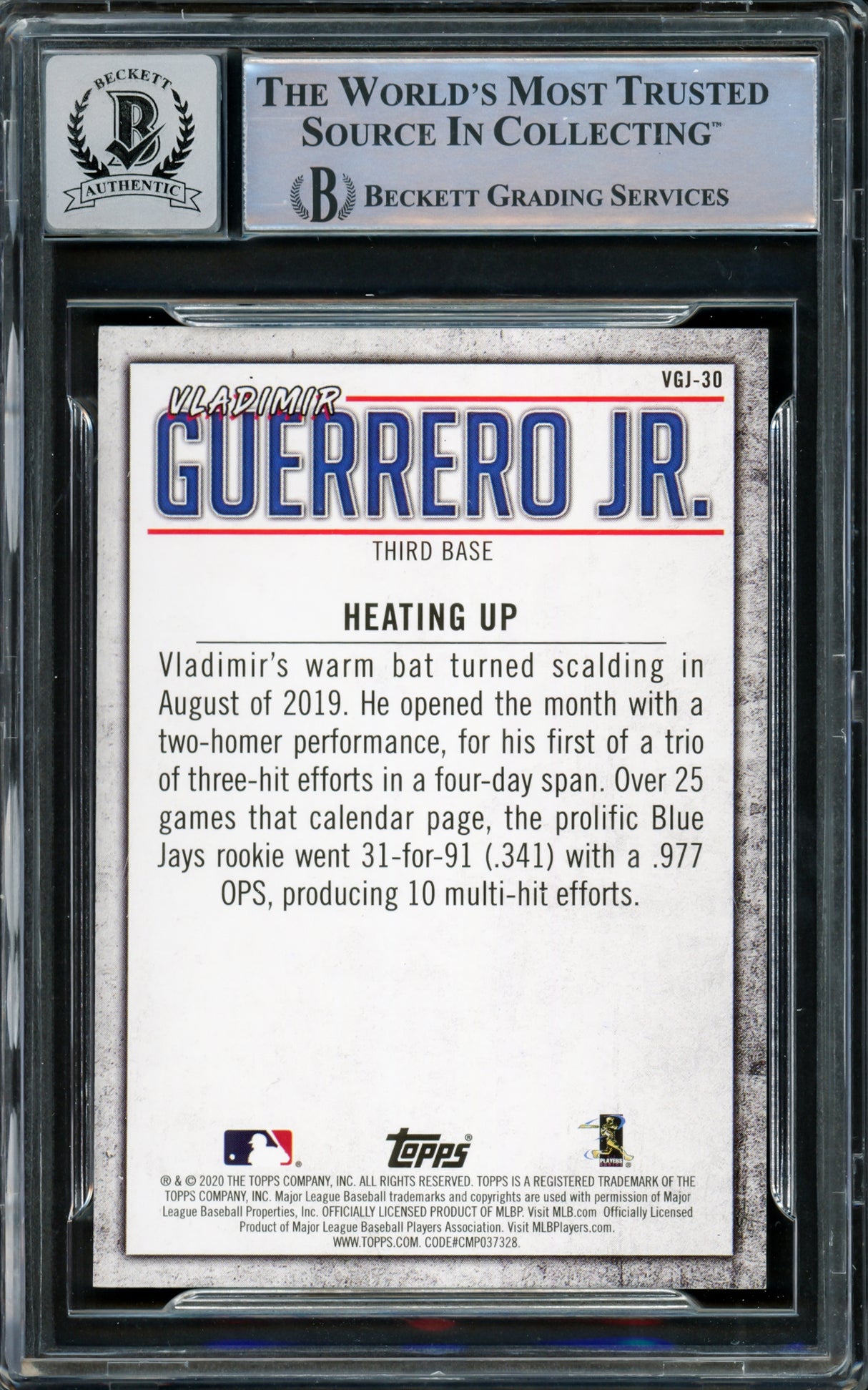 Vladimir Guerrero Jr. Autographed 2020 Topps Highlights Card #VGJ-30 Toronto Blue Jays Auto Grade Gem Mint 10 Beckett BAS #15859543