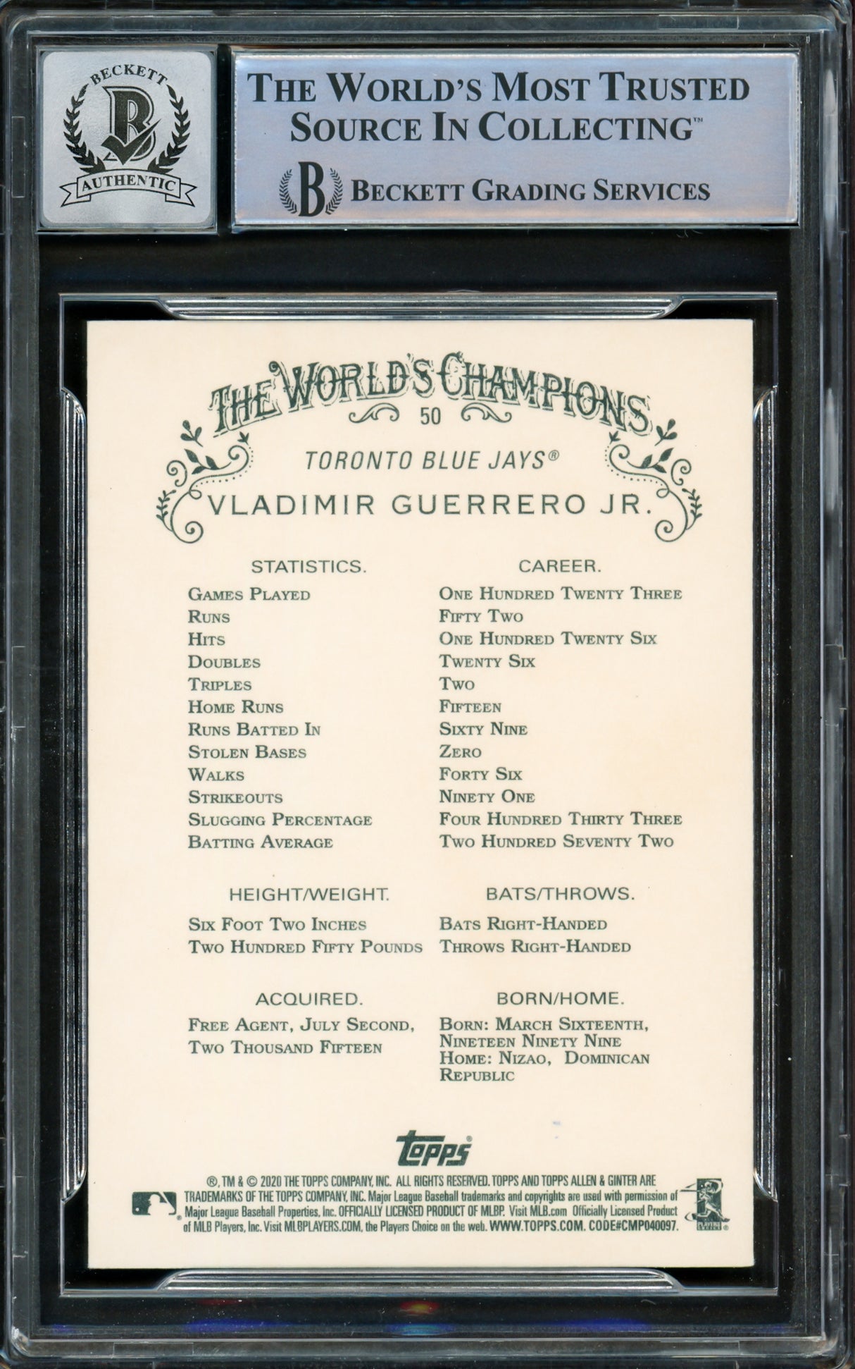 Vladimir Guerrero Jr. Autographed 2020 Topps Allen & Ginter Card #50 Toronto Blue Jays Auto Grade Gem Mint 10 Beckett BAS #15859545