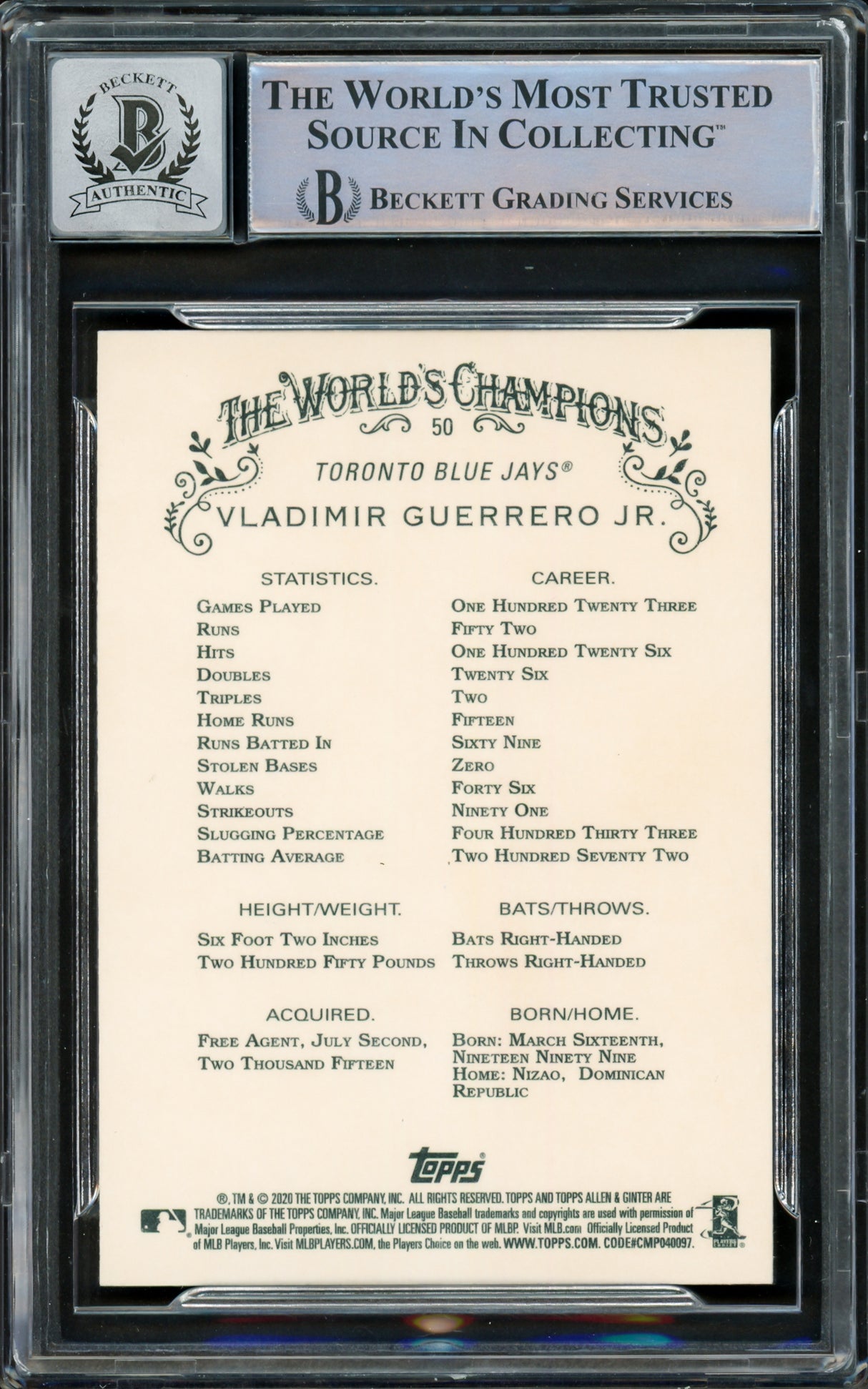 Vladimir Guerrero Jr. Autographed 2020 Topps Allen & Ginter Card #50 Toronto Blue Jays Auto Grade Gem Mint 10 Beckett BAS #15859546