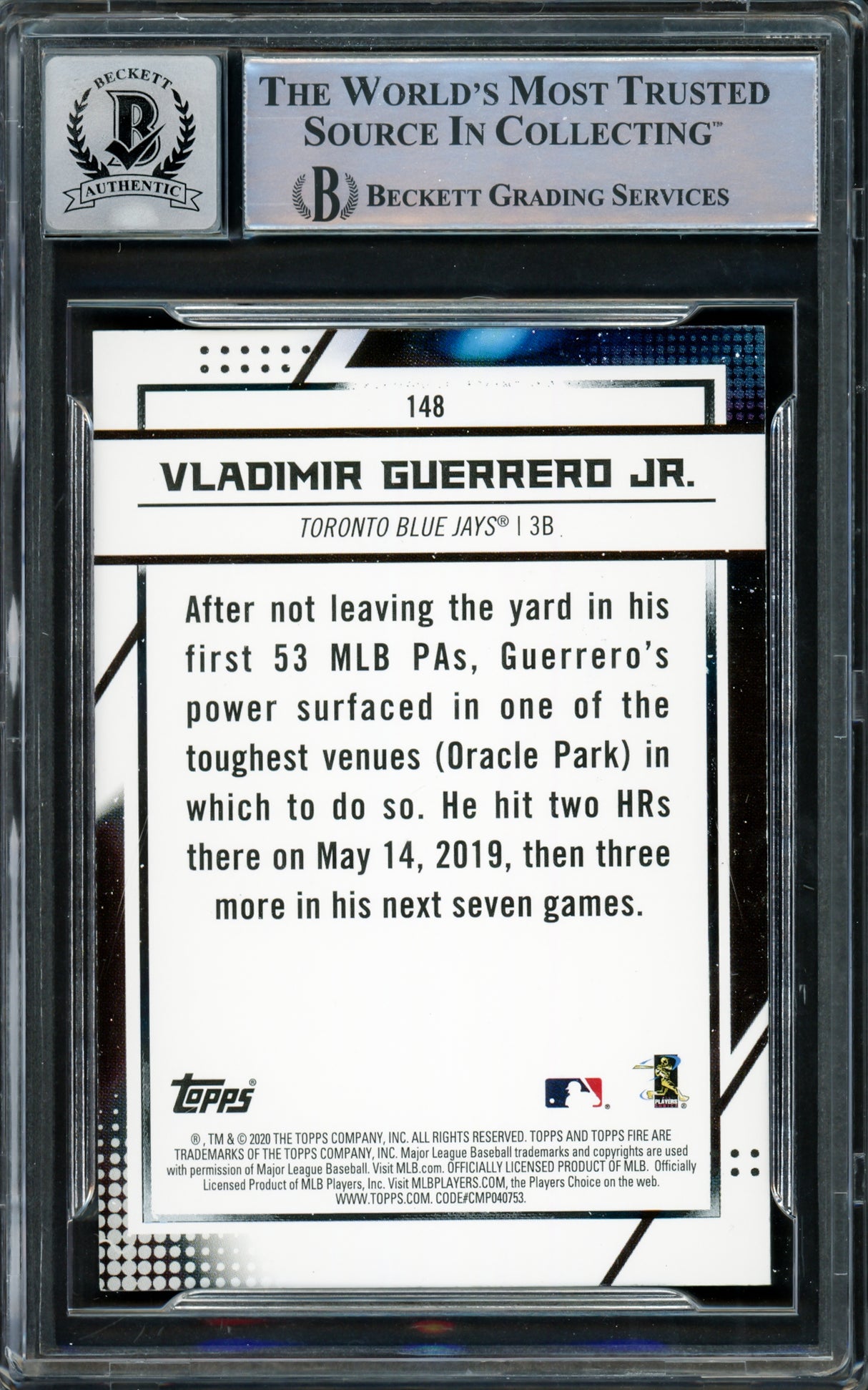 Vladimir Guerrero Jr. Autographed 2020 Topps Fire Card #148 Toronto Blue Jays Auto Grade Gem Mint 10 Beckett BAS #15859606