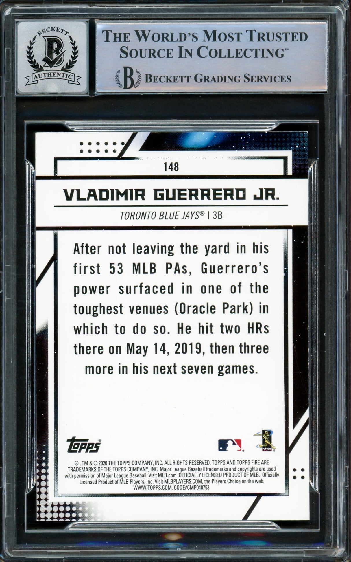 Vladimir Guerrero Jr. Autographed 2020 Topps Fire Card #148 Toronto Blue Jays Auto Grade Gem Mint 10 Beckett BAS #15859609