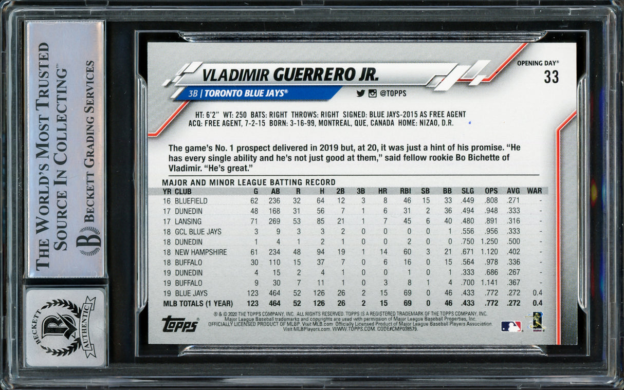 Vladimir Guerrero Jr. Autographed 2020 Topps Opening Day Card #33 Toronto Blue Jays Auto Grade Gem Mint 10 Beckett BAS #15859611