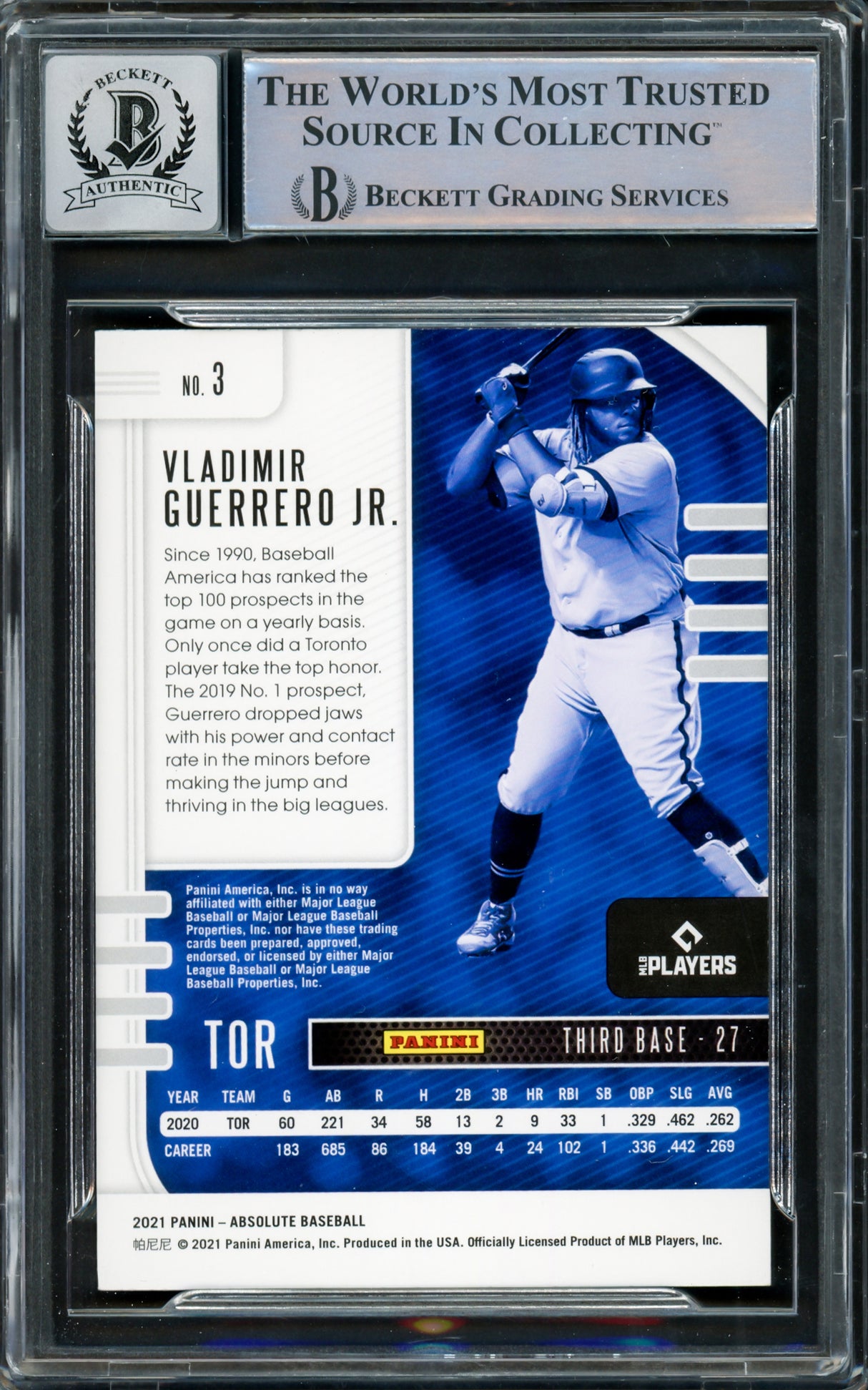 Vladimir Guerrero Jr. Autographed 2021 Panini Absolute Card #3 Toronto Blue Jays Auto Grade Gem Mint 10 Beckett BAS #15859716