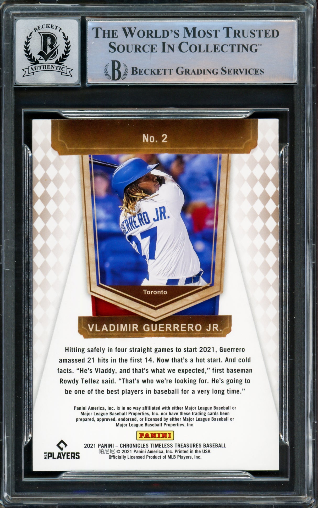 Vladimir Guerrero Jr. Autographed 2021 Panini Timeless Treasures Card #2 Toronto Blue Jays Auto Grade Gem Mint 10 Beckett BAS #15859717