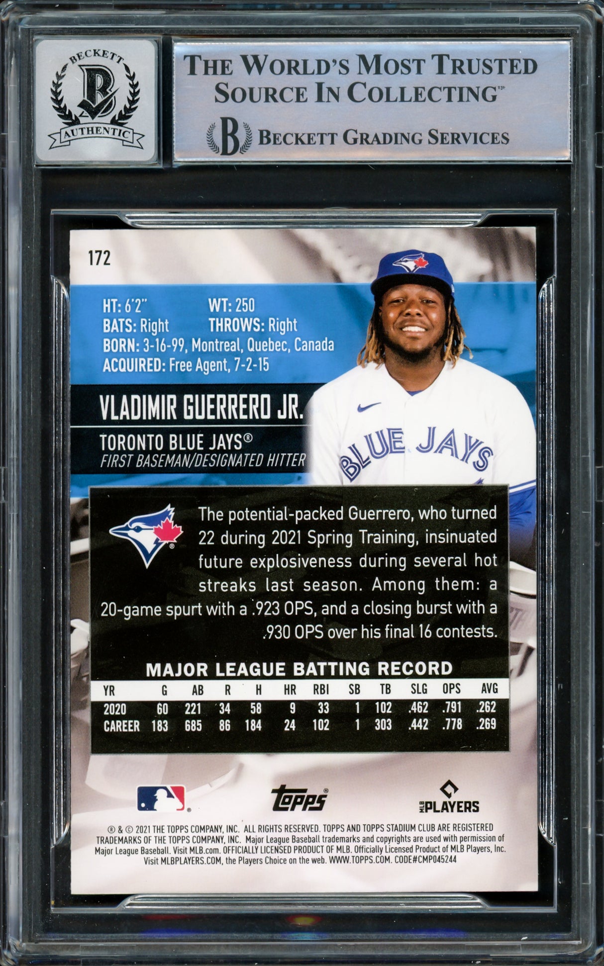 Vladimir Guerrero Jr. Autographed 2021 Stadium Club Card #172 Toronto Blue Jays Auto Grade Gem Mint 10 Beckett BAS #15859718