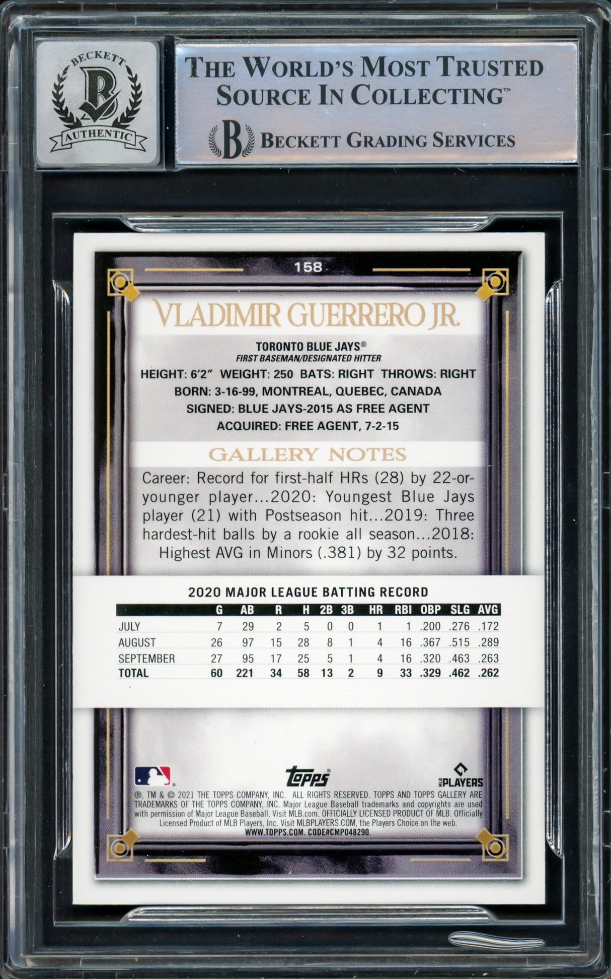 Vladimir Guerrero Jr. Autographed 2021 Topps Gallery Rainbow Foil Card #158 Toronto Blue Jays Auto Grade Gem Mint 10 Beckett BAS #15859737