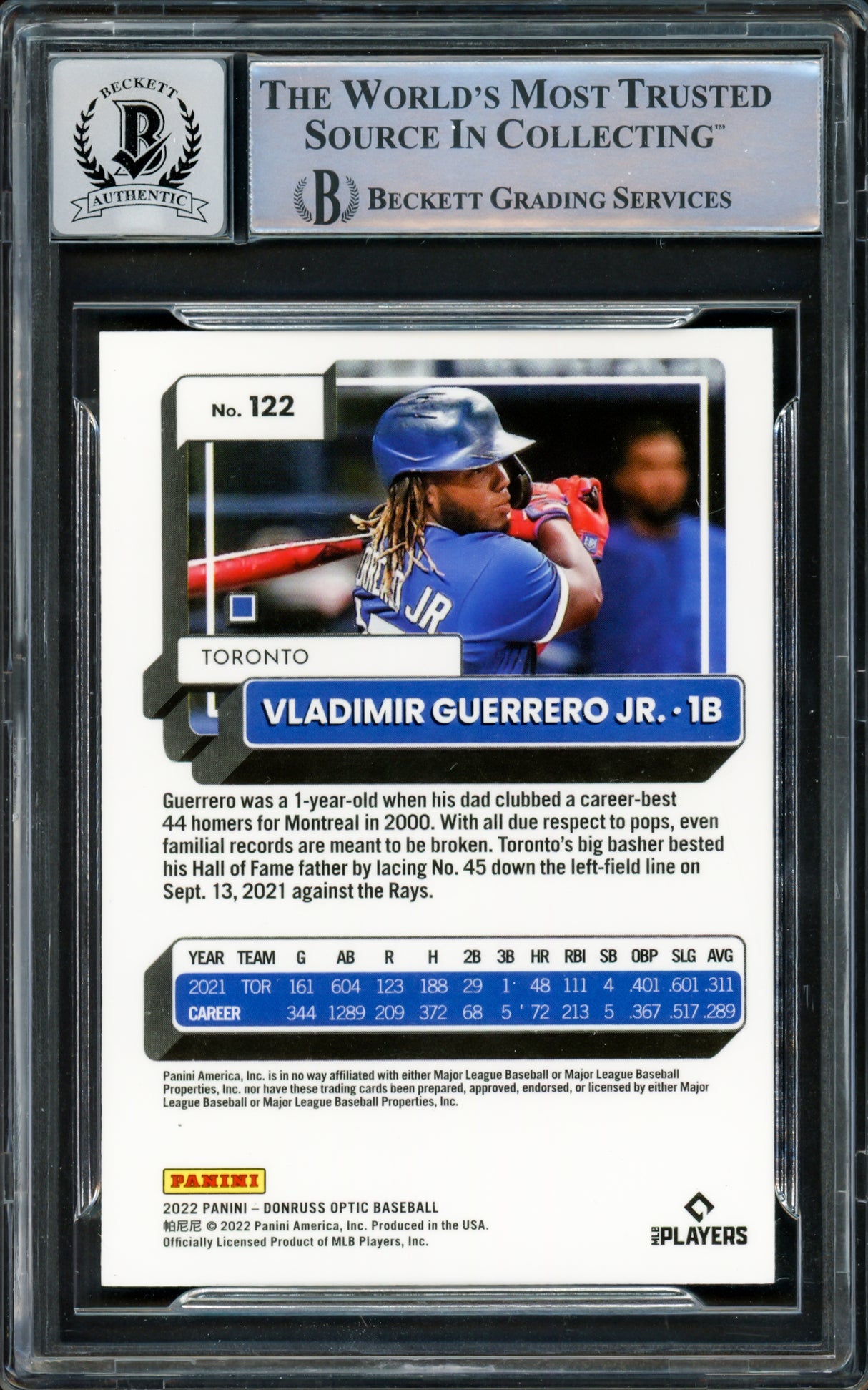 Vladimir Guerrero Jr. Autographed 2022 Donruss Optic Card #122 Toronto Blue Jays Auto Grade Gem Mint 10 Beckett BAS #15859855