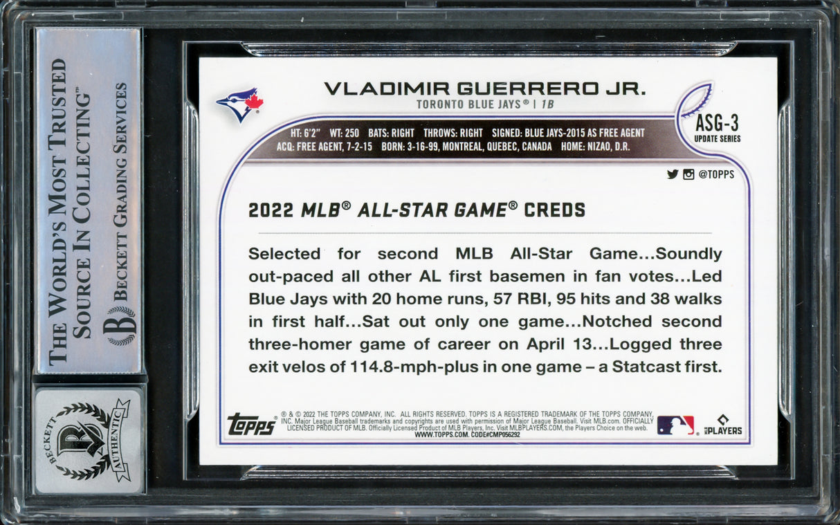 Vladimir Guerrero Jr. Autographed 2022 Topps Update All Star Game Card #ASG-3 Toronto Blue Jays Auto Grade Gem Mint 10 Beckett BAS #15859859