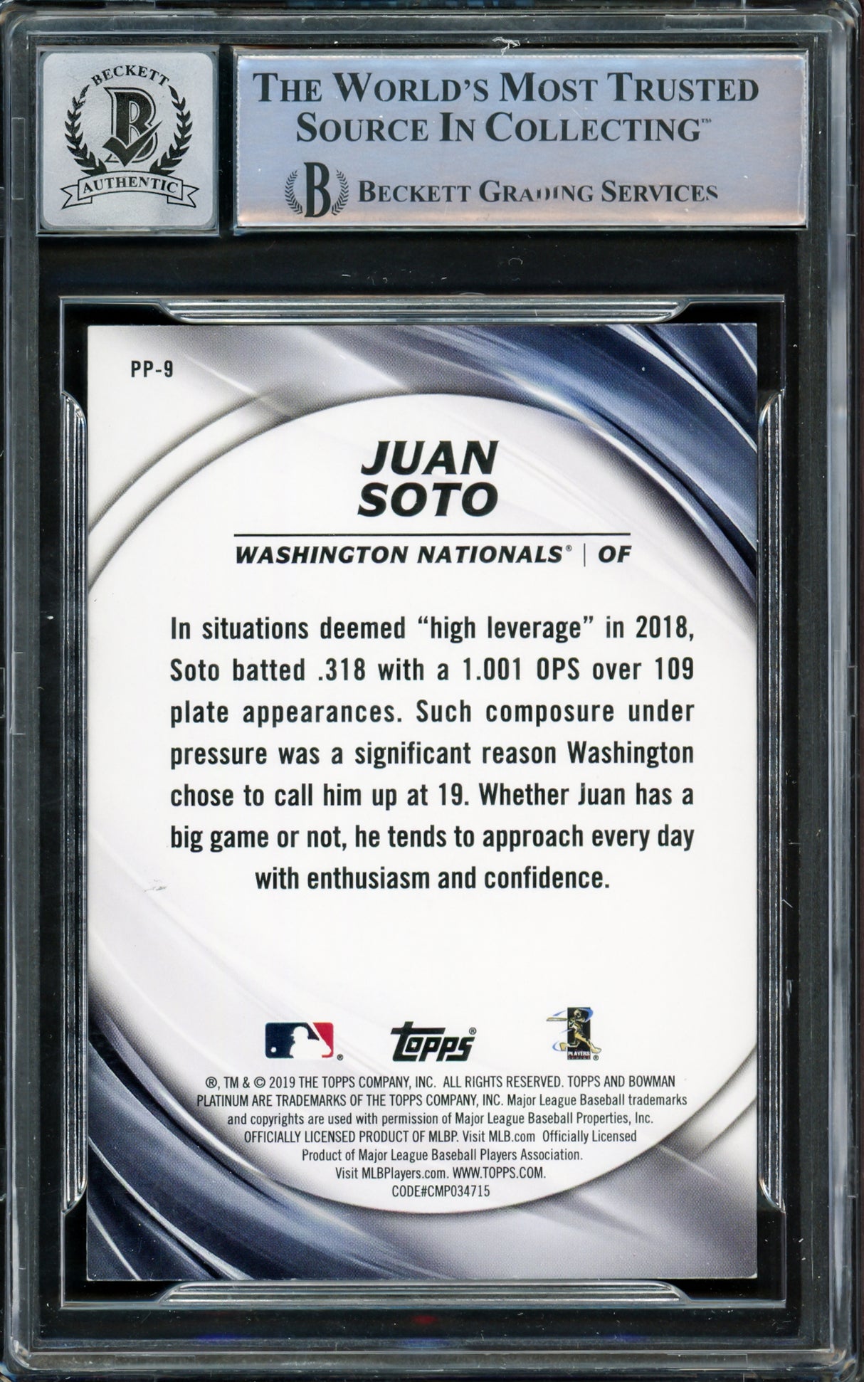 Juan Soto Autographed 2019 Bowman Platinum Presence Card #PP-9 New York Yankees Auto Grade Gem Mint 10 Beckett BAS #15860242